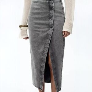 Zara Size S Denim Skirt Side Slit Asymmetrical Buttons Back Pockets